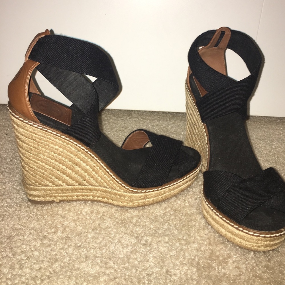 Tory Burch black espadrille sandal wedge heels